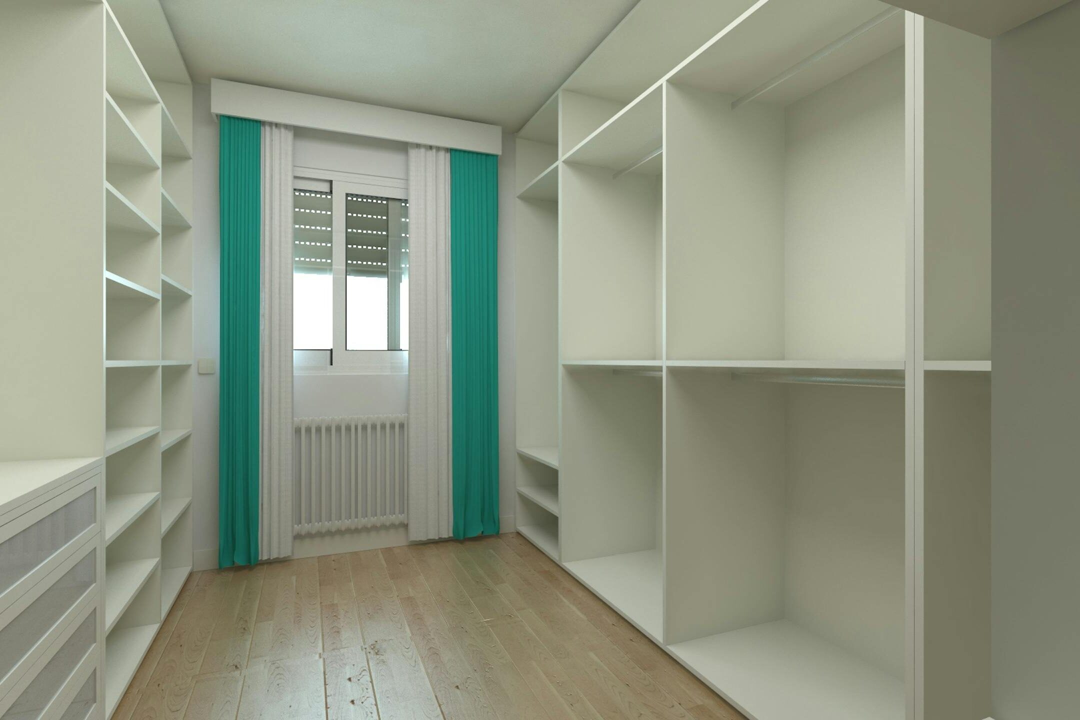 Spacious and modern minimalist wardrobe room with shelves and natural light.